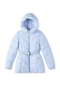 Giacca puffer azzurro chiaro con cappuccio, caratterizzata da un'imbottitura a zigzag, cintura elastica in vita con un dettaglio circolare e chiusura con zip.
