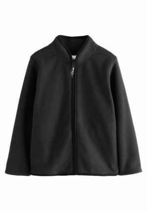 Veste en polaire noire avec un col haut, fermeture éclair intégrale à l'avant et texture lisse. Détails de couture le long des épaules.