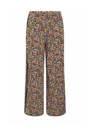 Pantalon à jambes larges avec taille élastique, présentant un motif floral petit et multicolore dense sur fond noir.