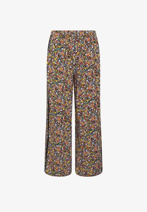 Pantalon à jambes larges avec taille élastique, présentant un motif floral petit et multicolore dense sur fond noir.