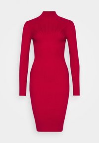 Fitted, long-sleeve dress in bright red ribbed fabric. High neck and midi length with a smooth texture and form-hugging silhouette.