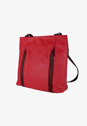 Rode neplederen tas met bruine accenten, rechthoekige vorm, platte zijkanten en een enkele verstelbare riem. Ritssluiting aan de bovenkant.