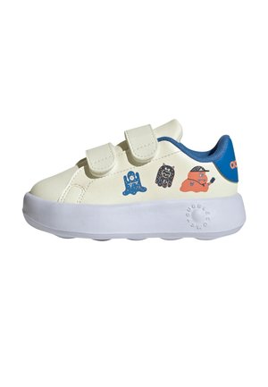Baskets écru pour enfants avec intérieur bleu, deux bandes Velcro, semelle blanche épaisse et trois impressions de personnages de dessins animés colorés sur le côté.