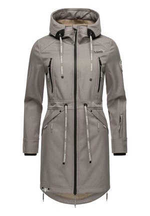 Long manteau softshell gris à capuche, fermeture éclair à l'avant, plusieurs poches zippées, taille réglable et cordons de marque.