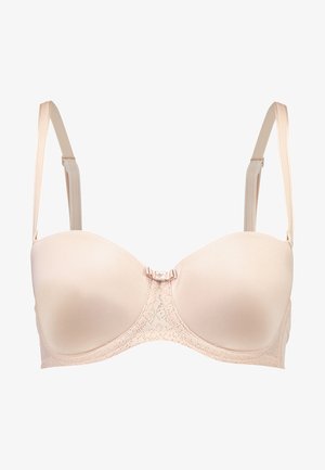 Helle beige gepolsterte BH mit Spitzenverzierung in der Mitte. Verstellbare Träger und ein Hakenverschluss. Glatte Oberfläche mit einem subtilen Glanz.