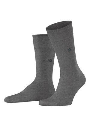 Graue Baumwollsocken mit einem gerippten Oberteil, glatter Textur und dezentem Punktmuster an der Seite, entworfen für Komfort und Stretch.