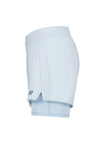 Lyseblå to-i-en sportsshorts med indre kompressionslag, elastisk taljebånd, perforeret sidepanel og lille sort logo på nederste kant.