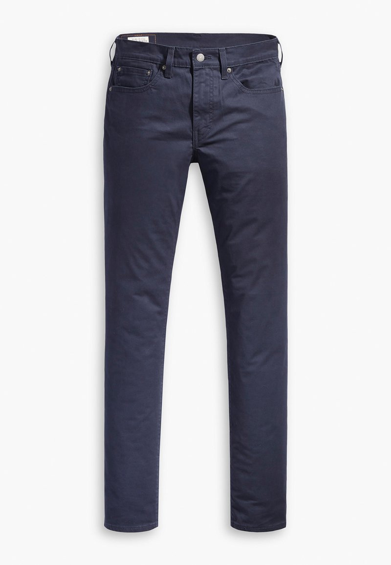 Pantalones de algodón azul marino con corte recto, que cuentan con cinco bolsillos, cremallera y cierre de botón metálico. Textura suave y diseño liso.