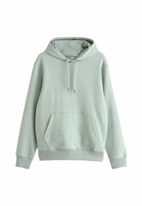 Lichtgroene hoodie gemaakt van zachte stof, met een capuchon met trekkoord, een zak aan de voorkant en geribbelde boorden en zoom. Eenvoudig, casual ontwerp.