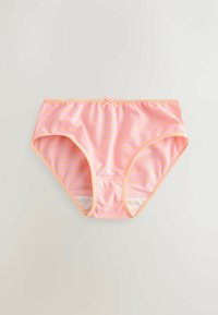 Culotte pour femme rayée rose et orange avec un petit nœud décoratif sur la ceinture, posée à plat sur un fond neutre.