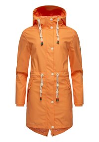 Orange waterproof jacket with a hood, drawstrings, front buttons, and two pockets. Features a slightly longer back hem. Smooth texture.