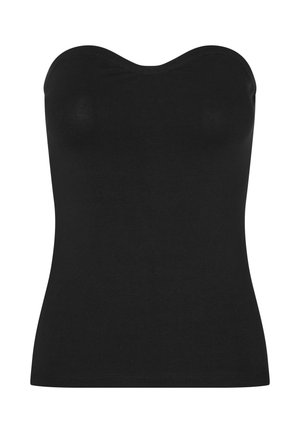 Melna strapless blūze, izgatavota no gludas auduma, ar pieguļošu dizainu un sirds formas dekoltē. Nav redzamu rakstu vai akcentu.
