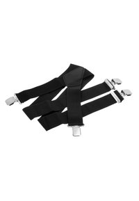 Bretelles élastiques noires avec trois straps, clips en métal argenté et un connecteur central en cuir pour plus de stabilité.