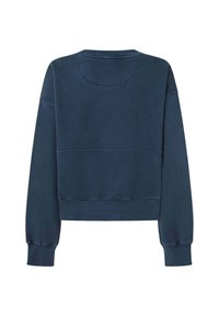 Mörkblå kort sweatshirt i mjukt tyg med rund halsringning och ribbade manschetter. Bakifrån syns sömdetaljer på axlarna.