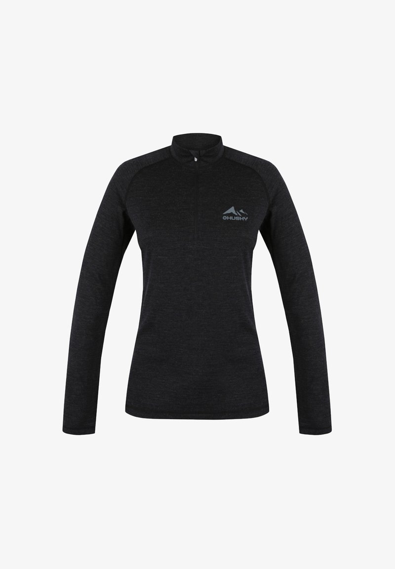 Tmavě šedé triko s dlouhým rukávem a polo zipem. Má raglánové rukávy a malé logo na levé části hrudi. Hladká textura.