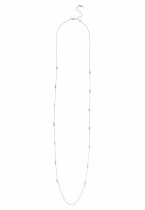 Delicate silver chain necklace with evenly spaced small oval beads and an adjustable clasp with chain extender.
