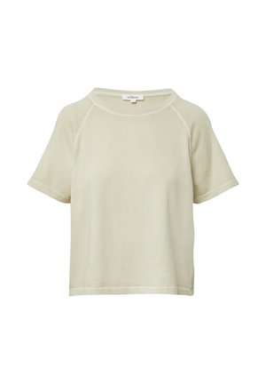 Lichtbeige T-shirt met korte mouwen, gemaakt van zachte, gestructureerde stof. Voorzien van een ronde halslijn en subtiele gestikte accenten langs de randen.