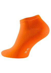 Calzino arancione alla caviglia con risvolto a coste, design senza cuciture nella punta, texture morbida e taglia contrassegnata come 39-42 in bianco sul lato.