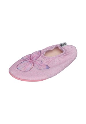 Pink soft slipper with elastic opening and a large purple and pink orchid flower design on top, solitary on white background.