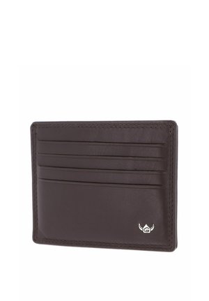 Brown leather card holder with four horizontal slots and a small silver emblem in the bottom right corner.