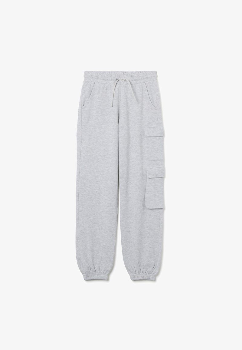 Graue Sweatpants aus weichem Material, mit einem elastischen Bund, Bündchen an den Knöcheln, Seitentaschen und einer großen Cargo-Tasche am Oberschenkel.