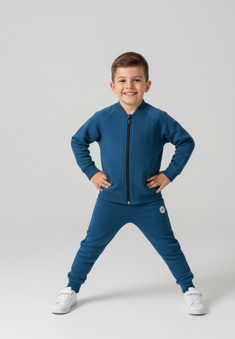 Niebieska kurtka zapinana na zamek błyskawiczny z dopasowanymi spodniami, wykonana z miękkiego materiału. Posiada prążkowane mankiety, zamek z przodu oraz logo. Noszona z białymi trampkami.