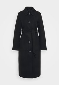 Cappotto lungo nero in lana con ampio colletto, quattro bottoni, due tasche frontali e una cintura abbinata annodata in vita, presentato su uno sfondo semplice.