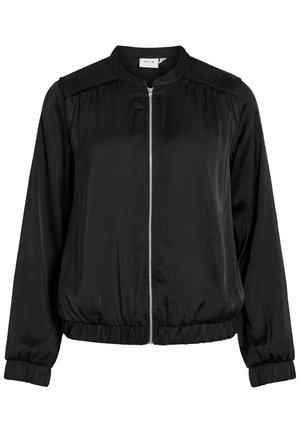 Black satin bomber jacket with a round neckline, front zipper closure, gathered shoulders, and elasticized cuffs and hem.