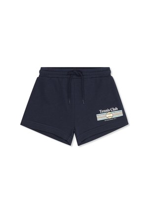 Pantaloncini con coulisse blu navy con scritta "Tennis Club" e dettaglio logo a strisce sulla gamba destra, stile sportivo casual.