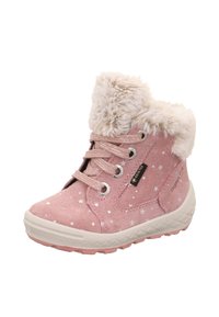 Rosa Wildleder-Ankle Boots mit einem Kunstfellkragen, Sternmuster und reflektierenden Schnürsenkeln. Die Sohle ist strukturiert für besseren Halt. Leichtes Design.