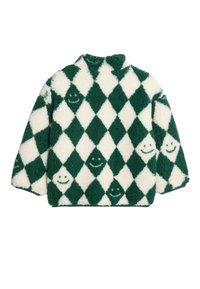 Fluffy, oversized fleece jacket met een groen-wit ruitpatroon. Glimlachende gezichten zijn aanwezig in enkele ruiten. Hoge kraag ontwerp.