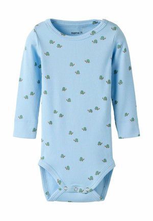 Light blue long-sleeve bodysuit made of ribbed fabric, featuring a pattern of small green turtles. Snap closure at the bottom.