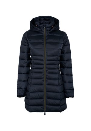 Giacca trapuntata blu navy con cappuccio, caratterizzata da sezioni orizzontali trapuntate, una cerniera frontale e dettagli con cordoncino all'orlo.