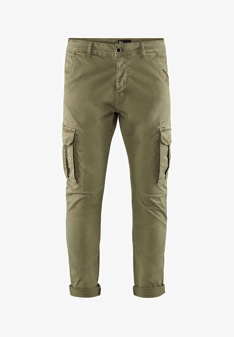 Khakifarbene Cargo-Hosen aus Baumwolle, ausgestattet mit zwei Seitentaschen, umgeschlagenen Säumen und einem geraden Bein Design. Glatte Oberfläche, langlebige Nähte.