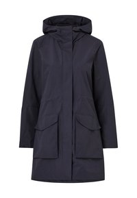 Marinewaterdichte jas met capuchon, voorzien van twee voorzakken en een strak ontwerp. Stof heeft een gladde textuur en een minimalistische uitstraling.