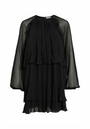 Robe noire à plusieurs niveaux avec de longues manches transparentes. Présente un doux plissé au niveau du col et des couches volantes. Tissu léger avec une silhouette fluide.