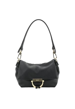 Black leather shoulder bag with a curved handle, gold-tone clasp, and pebbled texture, designed for everyday use.