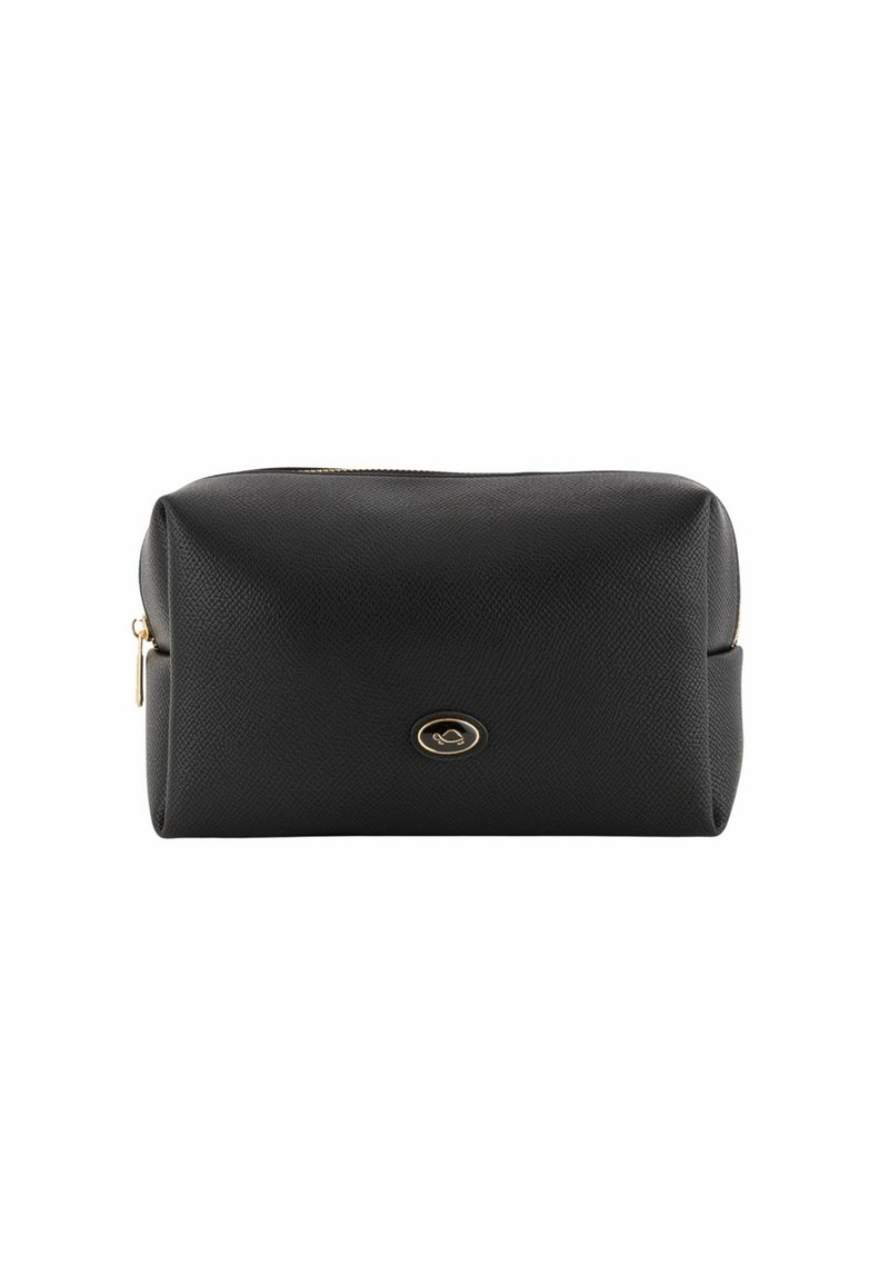 Trousse de maquillage noire en cuir avec une finition texturée, de forme rectangulaire, fermeture zippée et un détail logo doré à l'avant.