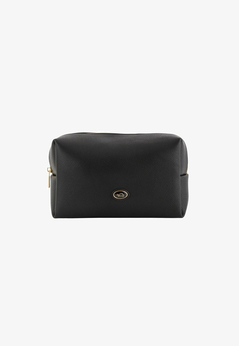Sorte læder kosmetikpung med struktureret overflade, rektangulær form, lynlåslukning og en guldtonet logo detalje på forsiden.