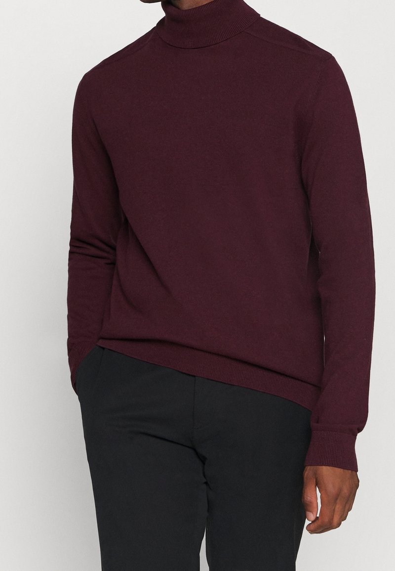 Bordowy sweter z golfem wykonany z miękkiego materiału, o dopasowanym kroju z prążkowanymi mankietami i dołem, zestawiony z czarnymi spodniami.