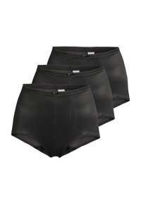 Schwarze hochgeschnittene Unterwäsche im Dreierpack. Mit glatter Textur, dekorativen Nähten und einem wellenförmigen Bund.