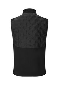 Gilet nero con parte superiore texture e imbottita e parte inferiore liscia. Presenta colletto alto e nessuna chiusura visibile o tasche esterne.