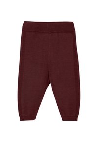 Burgunderfarbene Strickhose mit geripptem Bund und Bündchen, lockerer Passform und strukturiertem Stoff für Komfort und Flexibilität.