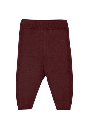Burgunderfarbene Strickhose mit geripptem Bund und Bündchen, lockerer Passform und strukturiertem Stoff für Komfort und Flexibilität.