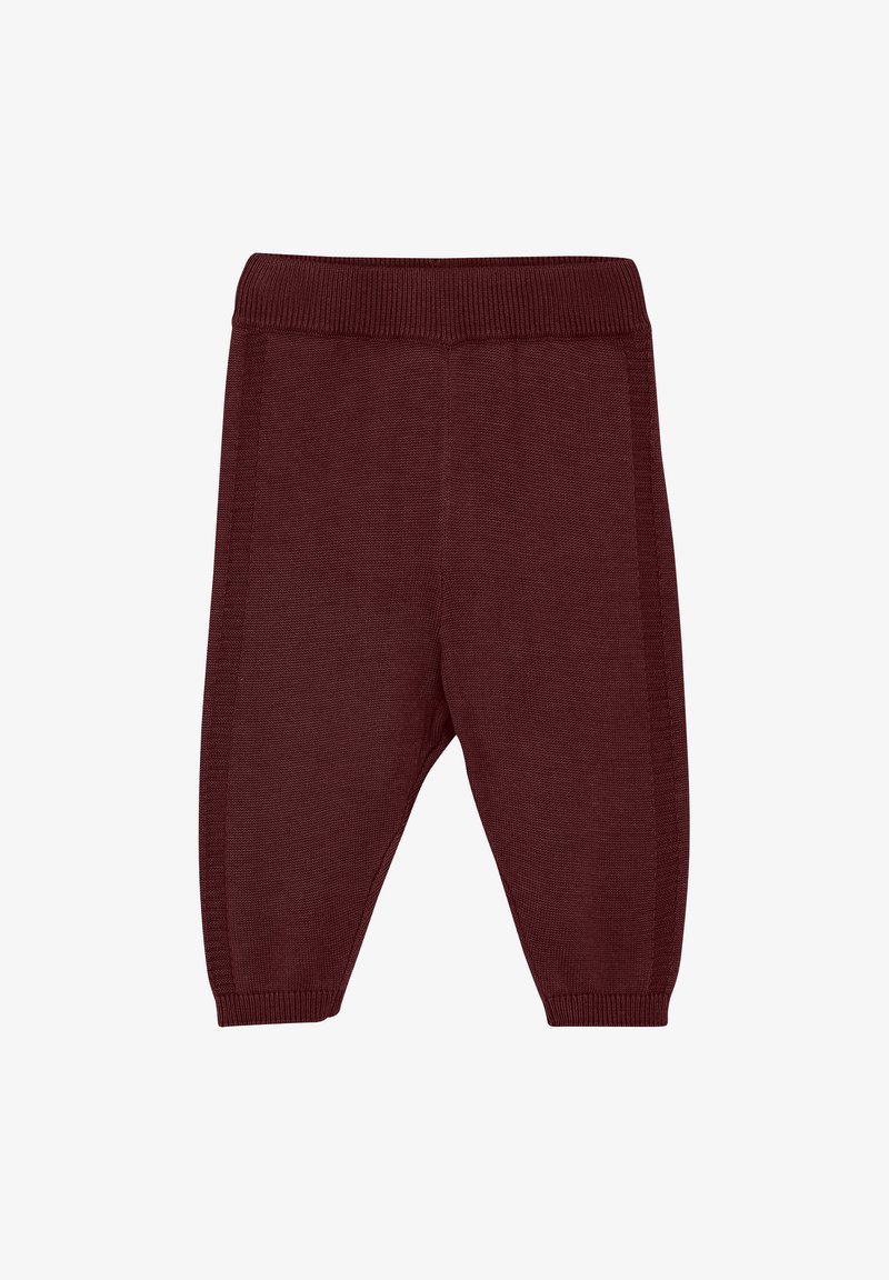 Burgunderfarbene Strickhose mit geripptem Bund und Bündchen, lockerer Passform und strukturiertem Stoff für Komfort und Flexibilität.