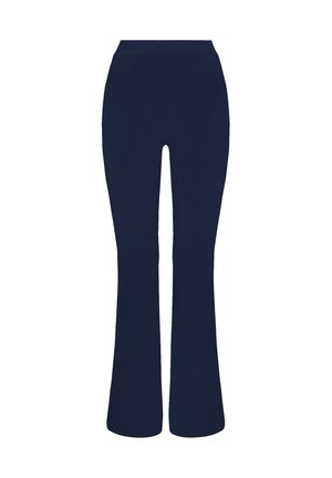 Granatowe rozszerzane spodnie z elastycznego materiału, z wysokim stanem i gładką teksturą, bez widocznych wzorów lub akcentów.