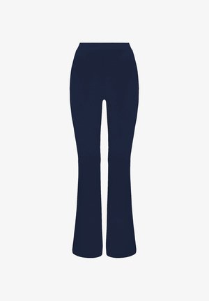 Granatowe rozszerzane spodnie z elastycznego materiału, z wysokim stanem i gładką teksturą, bez widocznych wzorów lub akcentów.