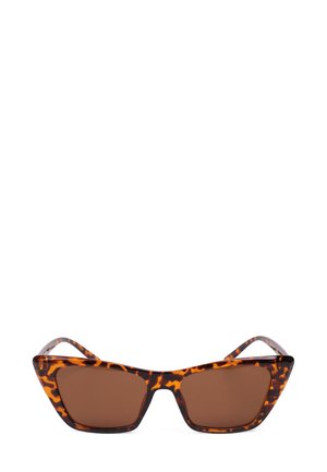 Tortoiseshell sunglasses with brown lenses, angular design, and sleek frame. Features sharp corners and thin arms for a lightweight look.