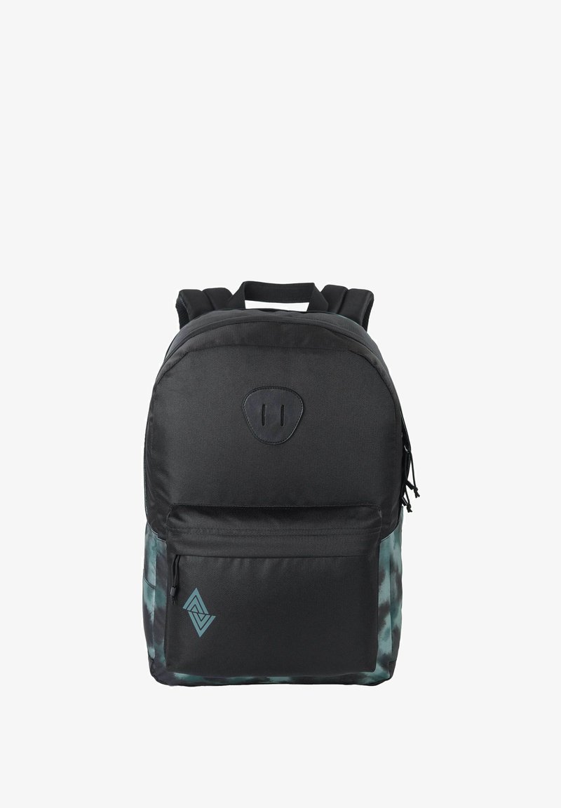 Black backpack with a textured fabric, front pocket, and a blue geometric logo. Features padded shoulder straps and a top handle.
