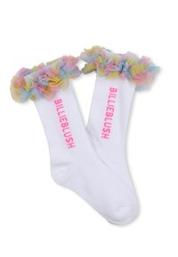 Calzini bianchi fino alla caviglia con un brillante volants di tulle colorato sulla parte superiore. Presentano la scritta rosa "BILLIEBLUSH" lungo il lato. Materiale morbido e leggero.